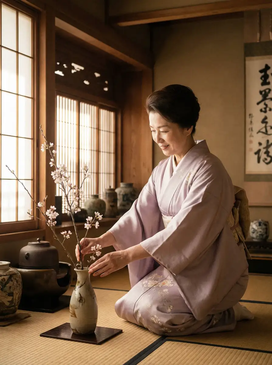 一位优雅的 财神体育网址 在和室中插花