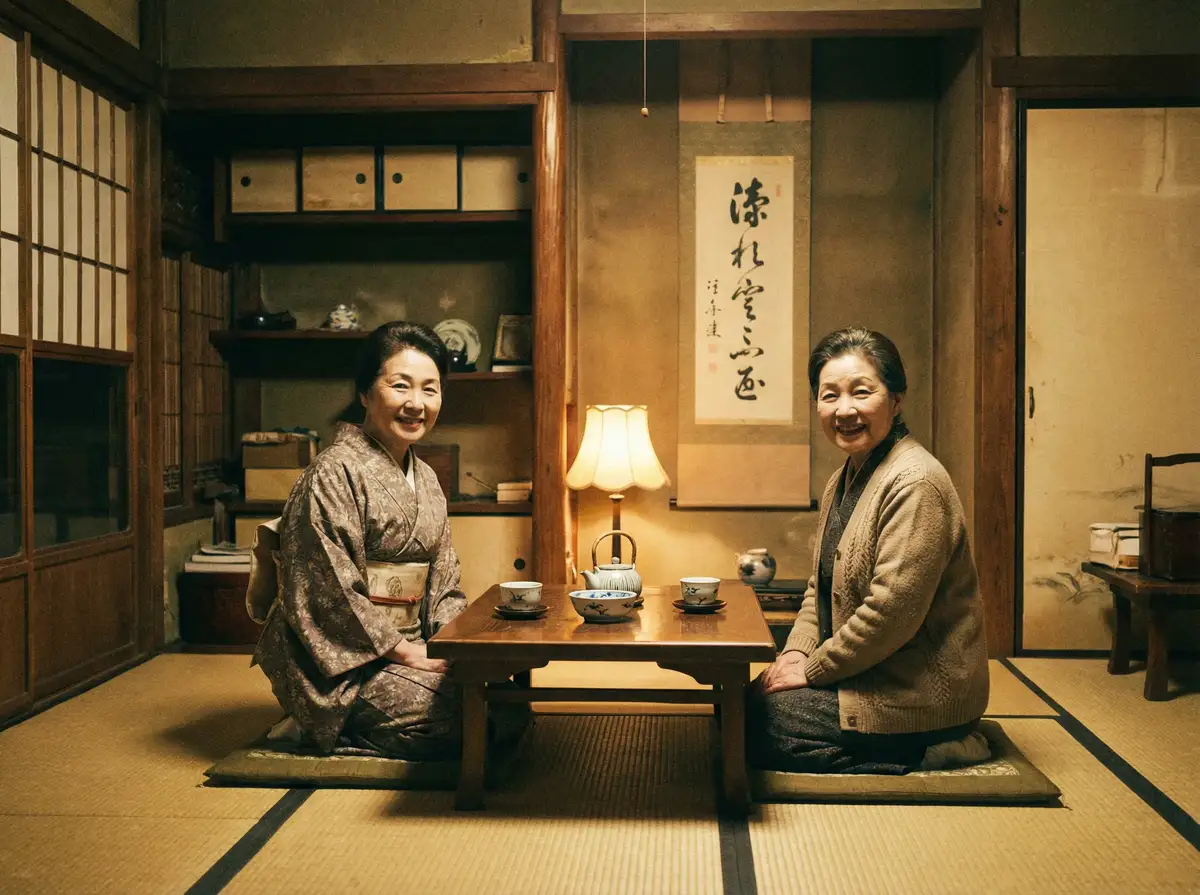 两位优雅的 财神体育网址 在日式茶室中品茶交谈